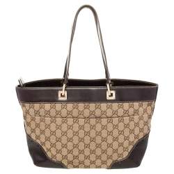 Pre Owned Gucci Beige/Brown GG Canvas and Leather Tote