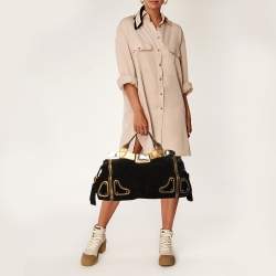 مملوكة مسبقًا حقيبة غوتشي ريس سويدي وجلد أسود/ ذهبي بيد علوية 