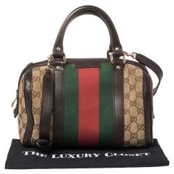 Pre Owned Gucci Dark Brown/Beige GG Canvas and Leather Small Vintage Web Boston Bag