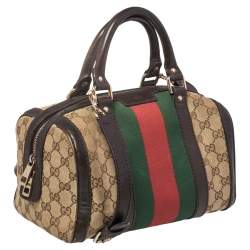 Pre Owned Gucci Dark Brown/Beige GG Canvas and Leather Small Vintage Web Boston Bag