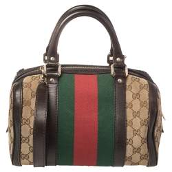 Pre Owned Gucci Dark Brown/Beige GG Canvas and Leather Small Vintage Web Boston Bag