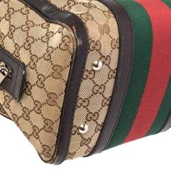 Pre Owned Gucci Dark Brown/Beige GG Canvas and Leather Small Vintage Web Boston Bag