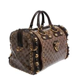 Pre Owned Gucci Brown/Beige GG Crystal Canvas and Suede Babouska Indy Boston Bag