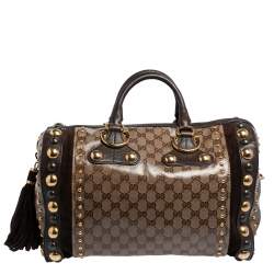 Pre Owned Gucci Brown/Beige GG Crystal Canvas and Suede Babouska Indy Boston Bag