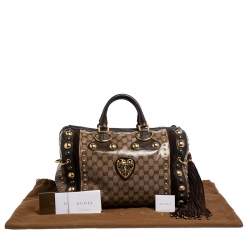 Pre Owned Gucci Brown/Beige GG Crystal Canvas and Suede Babouska Indy Boston Bag