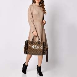 Pre Owned Gucci Brown/Beige GG Crystal Canvas and Suede Babouska Indy Boston Bag
