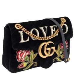 مملوكة مسبقًا Gucci Black Love Embroidered Matelassé Velvet Medium GG Marmont Shoulder Bag