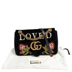 مملوكة مسبقًا Gucci Black Love Embroidered Matelassé Velvet Medium GG Marmont Shoulder Bag