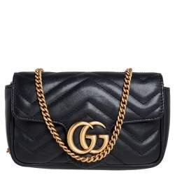 Pre Owned Gucci Black Matelasse Leather Super Mini GG Marmont Shoulder Bag