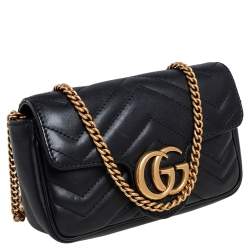 Pre Owned Gucci Black Matelasse Leather Super Mini GG Marmont Shoulder Bag