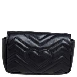 Pre Owned Gucci Black Matelasse Leather Super Mini GG Marmont Shoulder Bag