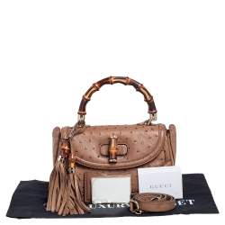 Pre Owned Gucci Brown Ostrich Medium New Bamboo Tassel Top Handle Bag