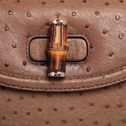 Pre Owned Gucci Brown Ostrich Medium New Bamboo Tassel Top Handle Bag