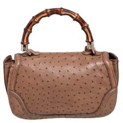 Pre Owned Gucci Brown Ostrich Medium New Bamboo Tassel Top Handle Bag