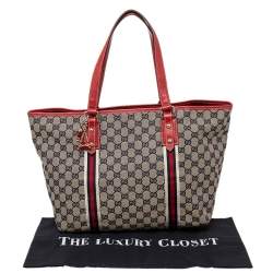 Pre Owned Gucci Beige/Red GG Canvas And Leather Jolicoeur Tote