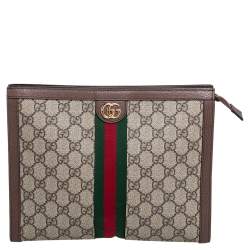 Pre Owned Gucci Beige/Brown GG Supreme Canvas and Leather Ophidia Pouch