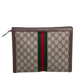 Pre Owned Gucci Beige/Brown GG Supreme Canvas and Leather Ophidia Pouch