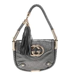 Pre Owned Gucci Metallic Grey Guccissima Leather Small Britt Tassel Hobo