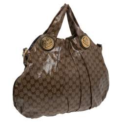 Pre Owned حقيبة هوبو غوتشي هيستيريا جلد وكانفاس جي جي كريستال بيج/بني كبيرة 
