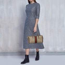 Pre Owned Gucci Beige/Brown GG Supreme Canvas and Leather Medium Ophidia Boston Bag  