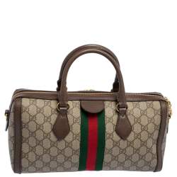 Pre Owned Gucci Beige/Brown GG Supreme Canvas and Leather Medium Ophidia Boston Bag  