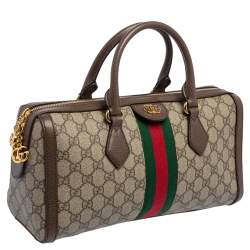 Pre Owned Gucci Beige/Brown GG Supreme Canvas and Leather Medium Ophidia Boston Bag  