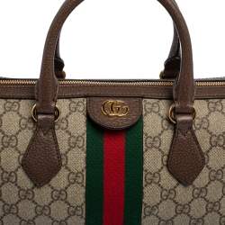 Pre Owned Gucci Beige/Brown GG Supreme Canvas and Leather Medium Ophidia Boston Bag  