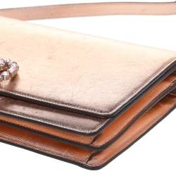 Pre Owned Gucci Metallic Gold Leather Crystal Embellished Interlocking G Broadway Clutch