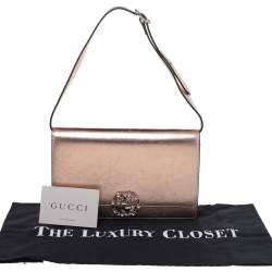 Pre Owned Gucci Metallic Gold Leather Crystal Embellished Interlocking G Broadway Clutch