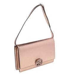 Pre Owned Gucci Metallic Gold Leather Crystal Embellished Interlocking G Broadway Clutch