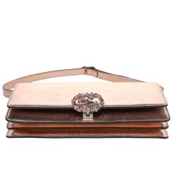 Pre Owned Gucci Metallic Gold Leather Crystal Embellished Interlocking G Broadway Clutch