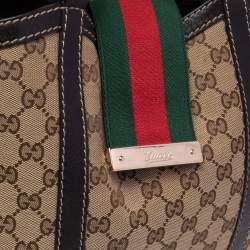 Pre Owned Gucci Beige/Ebony GG Canvas and Leather New Ladies Web Tote