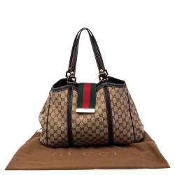 Pre Owned Gucci Beige/Ebony GG Canvas and Leather New Ladies Web Tote