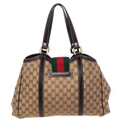 Pre Owned Gucci Beige/Ebony GG Canvas and Leather New Ladies Web Tote