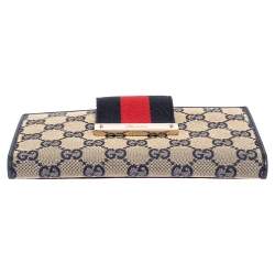 مملوكة مسبقًا Gucci Beige/Navy Blue GG Canvas and Leather Ladies Web Continental Wallet