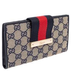 مملوكة مسبقًا Gucci Beige/Navy Blue GG Canvas and Leather Ladies Web Continental Wallet