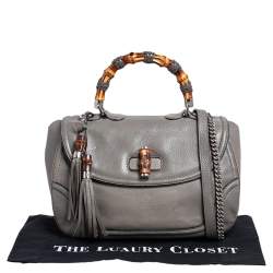 Gucci Grey Leather Large New Bamboo Tassel Top Handle Bag