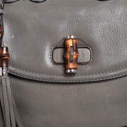 Pre Owned Gucci Grey Leather Large New Bamboo Tassel Top Handle Bag