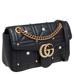 مملوكة مسبقًا حقيبة كتف غوتشي مارمونت  GG جلد ماتيلاس أسود مزين باللؤلؤ 