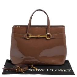 Pre Owned Gucci Brown Patent Leather Medium Bright Bit Tote