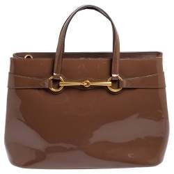 Pre Owned Gucci Brown Patent Leather Medium Bright Bit Tote
