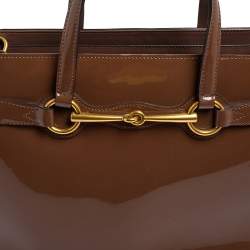 Pre Owned Gucci Brown Patent Leather Medium Bright Bit Tote