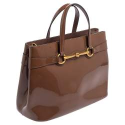 Pre Owned Gucci Brown Patent Leather Medium Bright Bit Tote