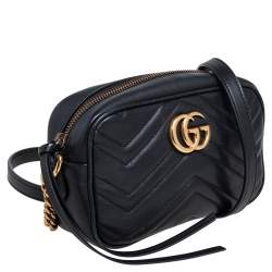Pre Owned Gucci Black Matelassé Leather Mini GG Marmont Crossbody Bag