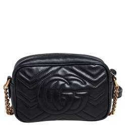 Pre Owned Gucci Black Matelassé Leather Mini GG Marmont Crossbody Bag