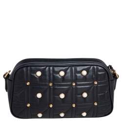 مملوكة مسبقًا Gucci Black Quilted Leather Small Studs and Pearl Embellished GG Marmont Crossbody Bag