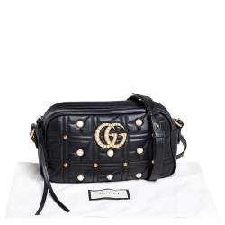 مملوكة مسبقًا Gucci Black Quilted Leather Small Studs and Pearl Embellished GG Marmont Crossbody Bag