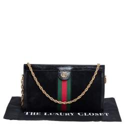 Pre Owned Gucci Black Suede and Patent Leather Medium Ophidia Chain Shoulder Bag
