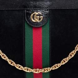Pre Owned Gucci Black Suede and Patent Leather Medium Ophidia Chain Shoulder Bag