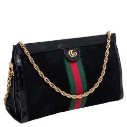 Pre Owned Gucci Black Suede and Patent Leather Medium Ophidia Chain Shoulder Bag